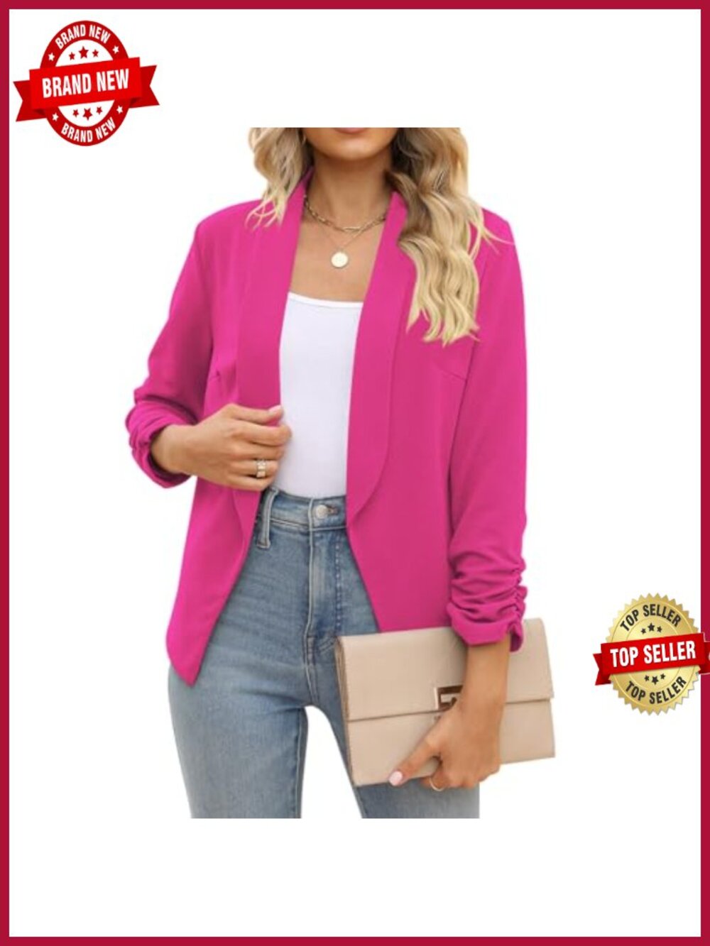 Women's Open Front Blazer 3/4 Ruched Sleeve Business Casual Work Office